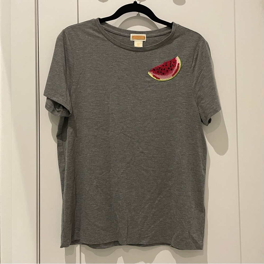 NWOT Lucy & Laurel grey t-shirt with beaded watermelon (size L)